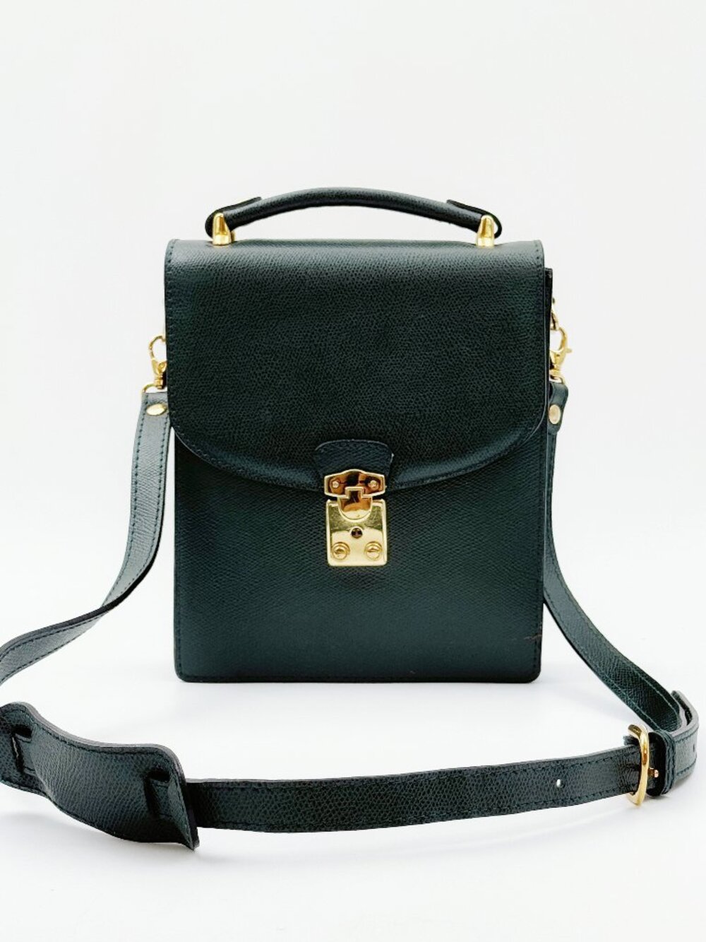Vintage Lancel Paris Green Leather Top Handle Crossbody Bag Gold Hardware France